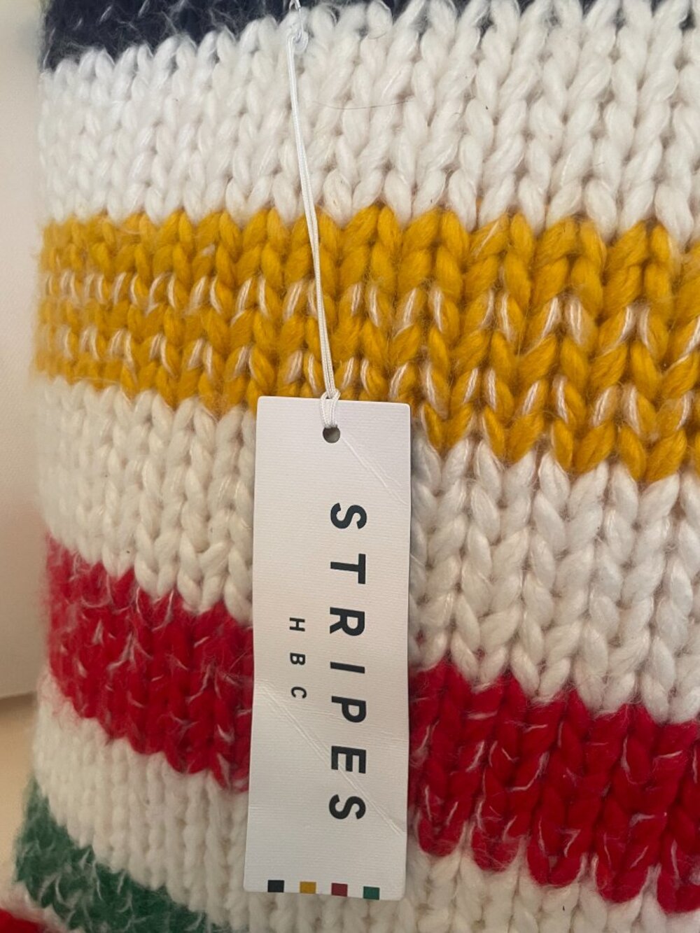 NWT HBC Stripes Chunky Knit Throw Pillow with Pom Poms | Hudson's Bay - Picture 3 of 6